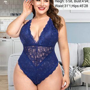 Women Snap Crotch Lingerie Sexy Lace Bodysuit Deep V Teddy One Piece Lace Babydo